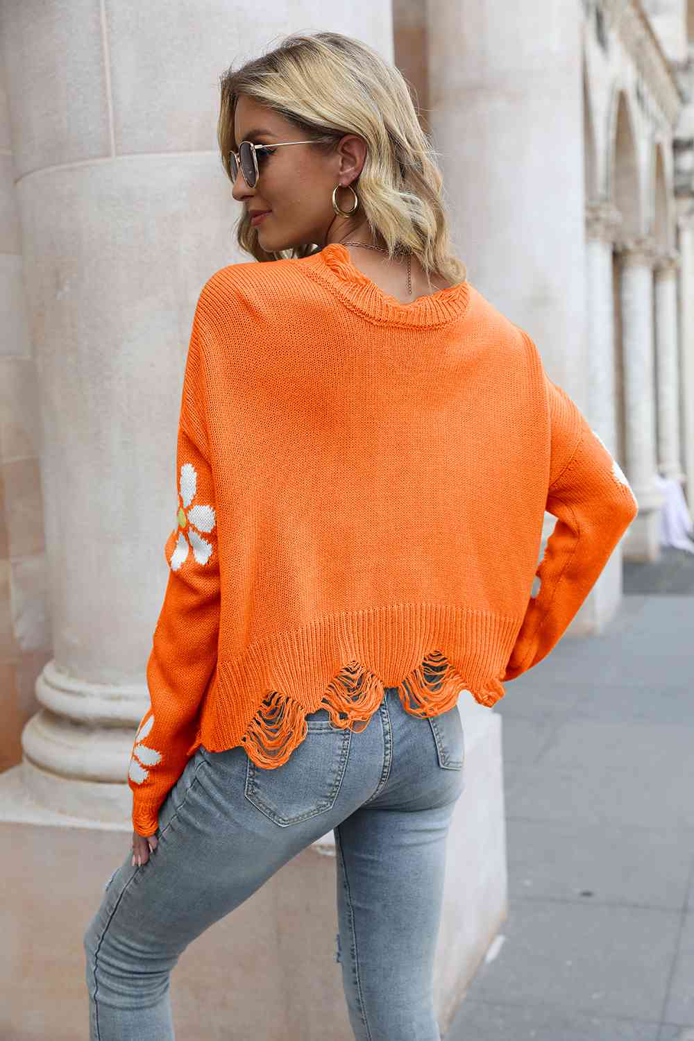 Flower Distressed Long Sleeve Sweater - Deals DejaVu