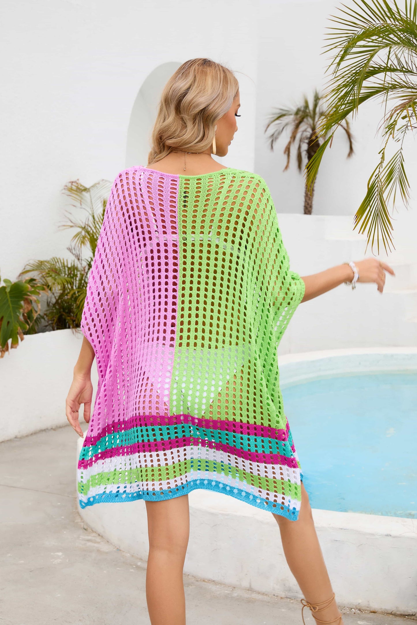 Contrast Scoop Neck Openwork Half Sleeve Cover Up (TB11D) T
