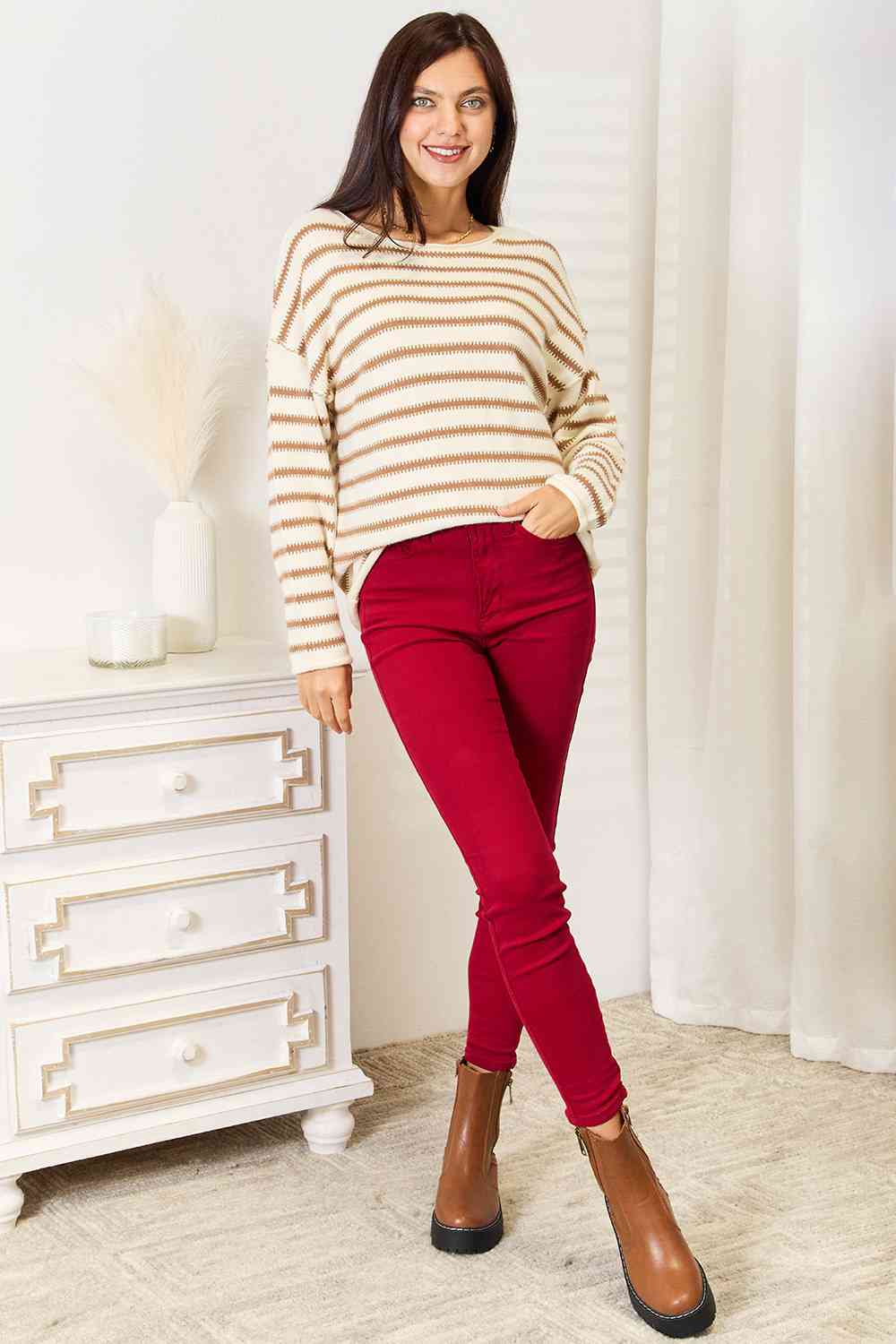 Double Take Striped Boat Neck Sweater - Deals DejaVu