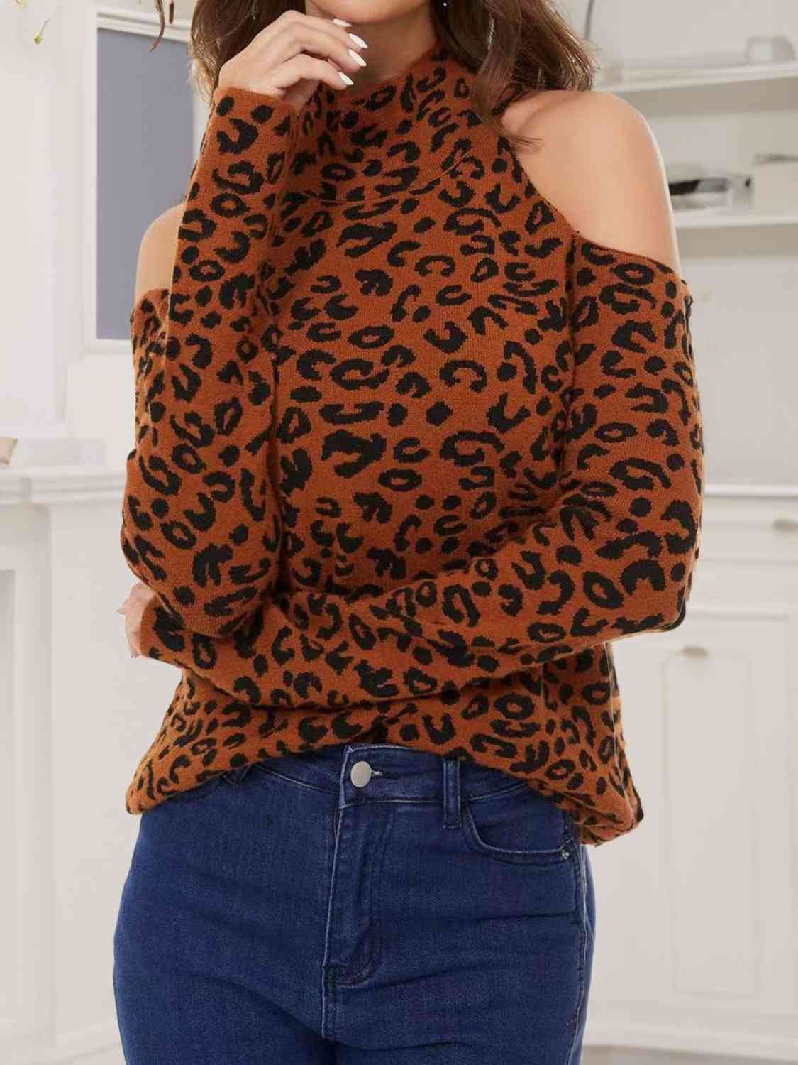 Leopard Cold-Shoulder Sweater - Deals DejaVu
