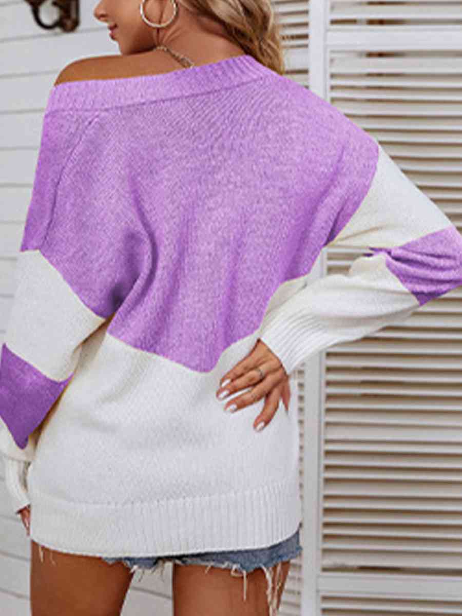 Color Block V-Neck Sweater - Deals DejaVu