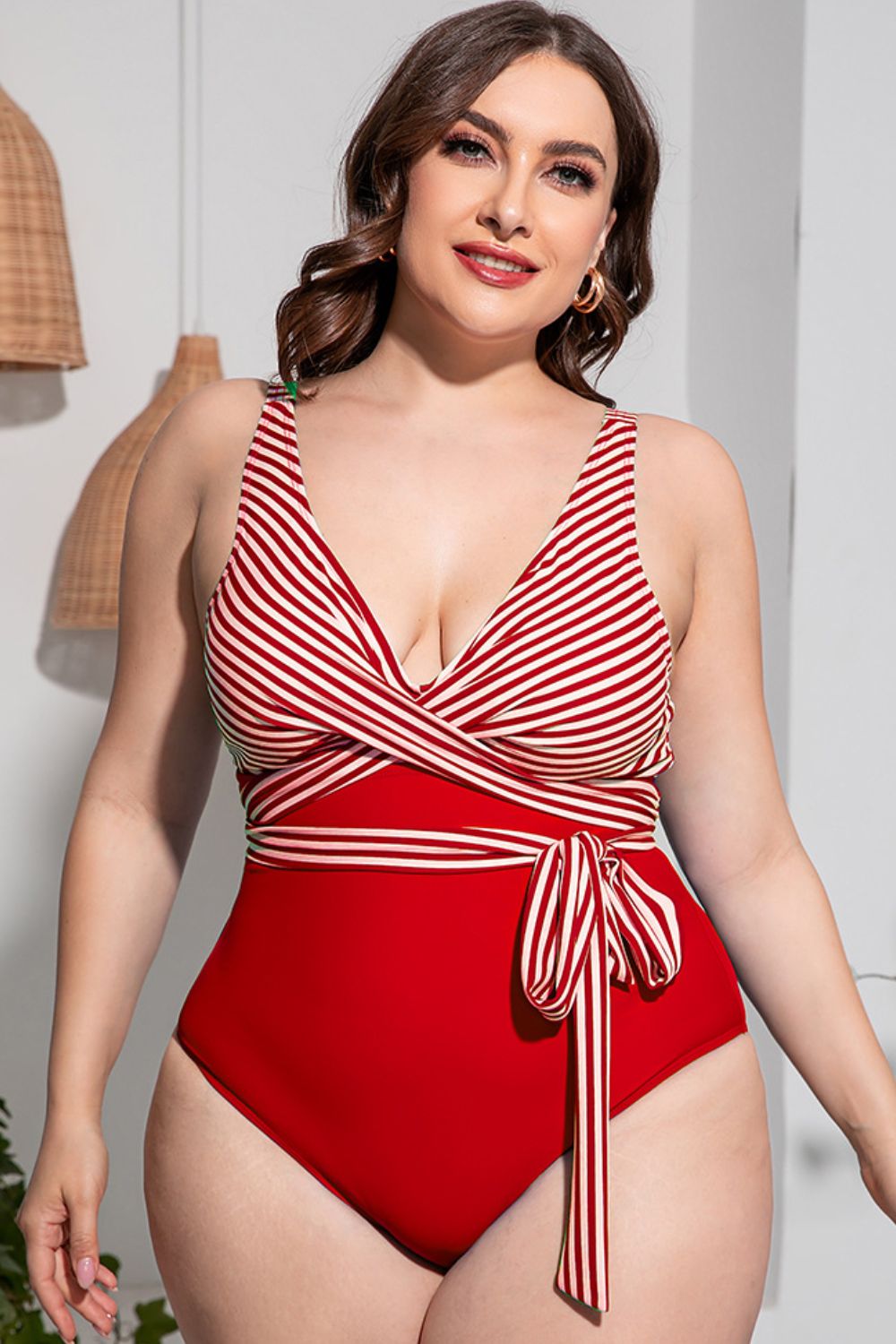Plus Size Striped Tie-Waist One-Piece Swimsuit (TB10D) T