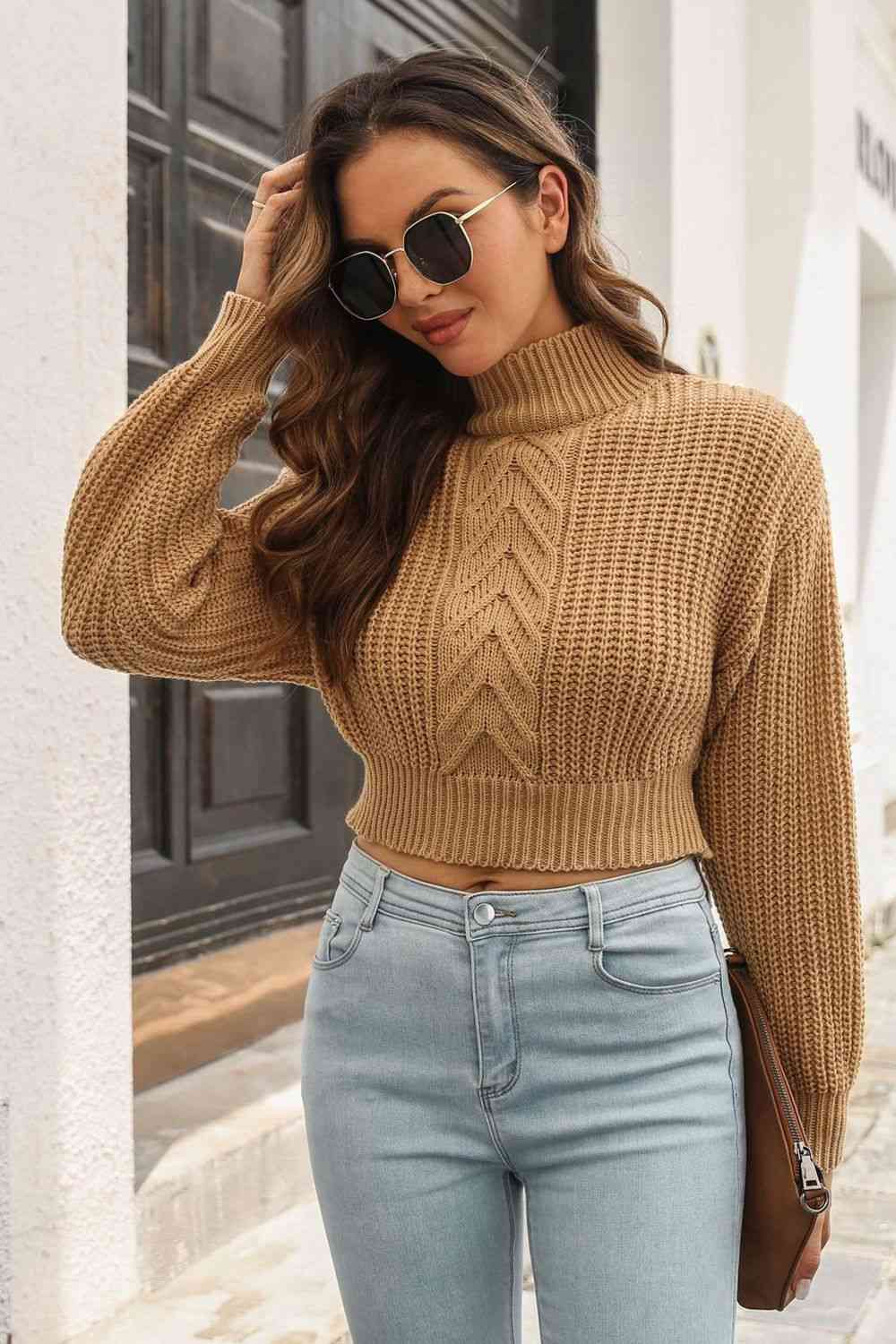 Cropped Mock Neck Cable-Knit Pullover Sweater - Deals DejaVu
