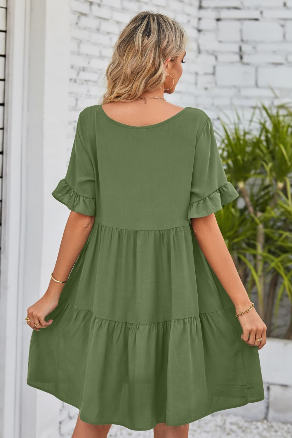 V-Neck Flounce Sleeve Tiered Dress (BWD)(WS06)T - Deals DejaVu