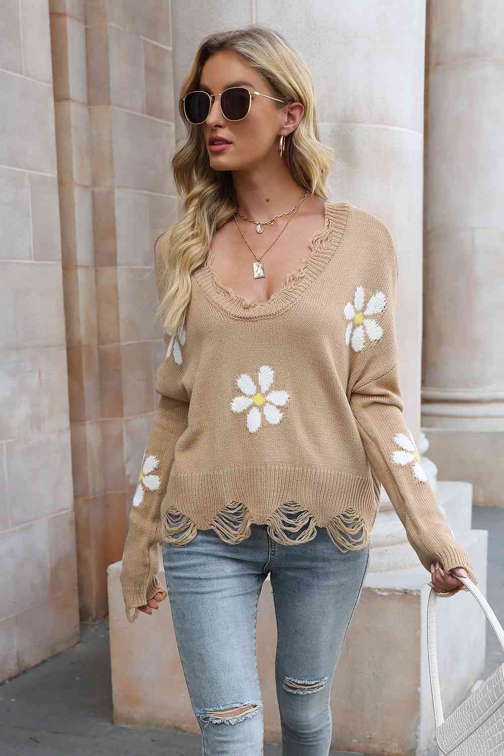 Flower Distressed Long Sleeve Sweater - Deals DejaVu