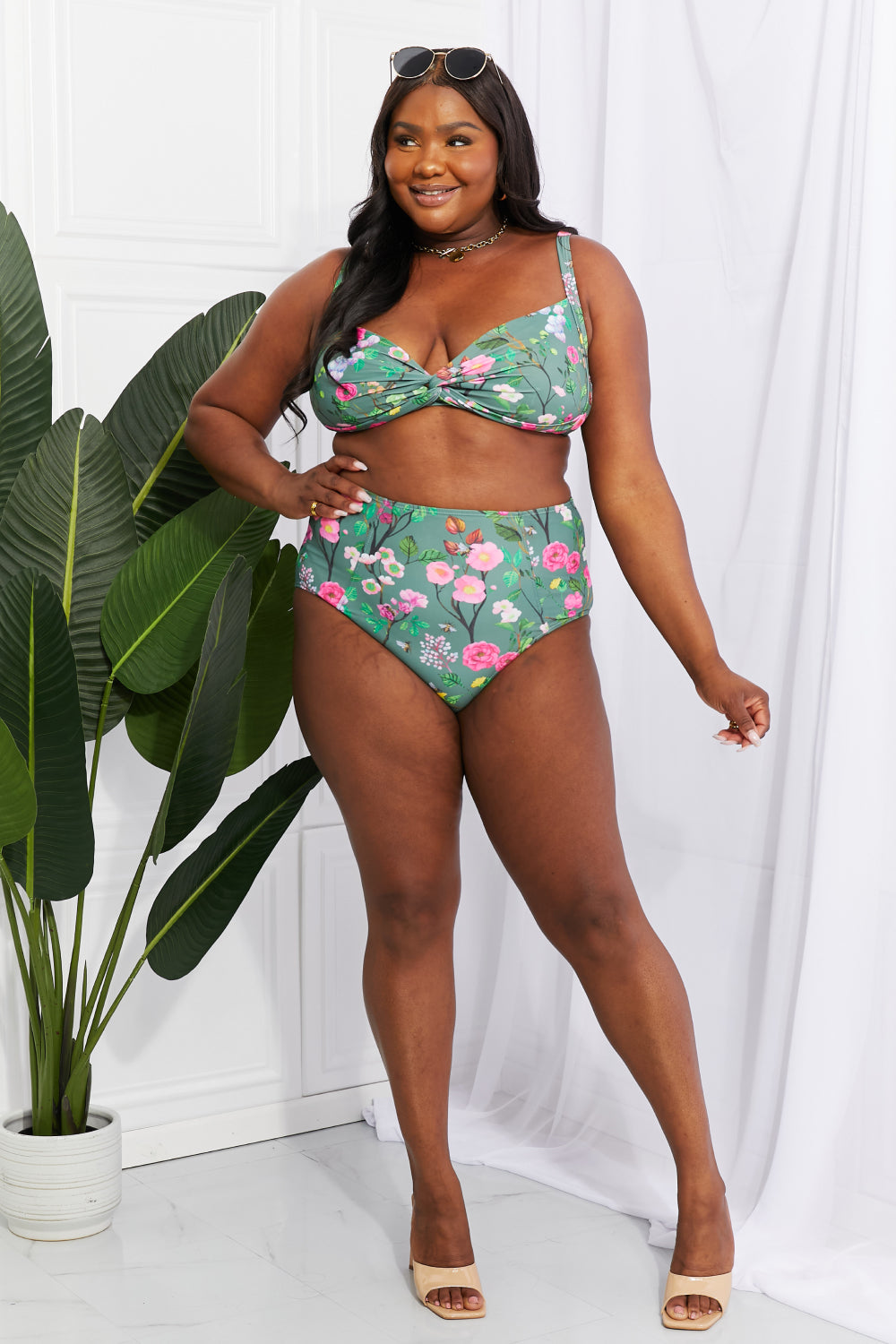 Marina West Swim Take A Dip Twist High-Rise Bikini in Sage (TB9D) T