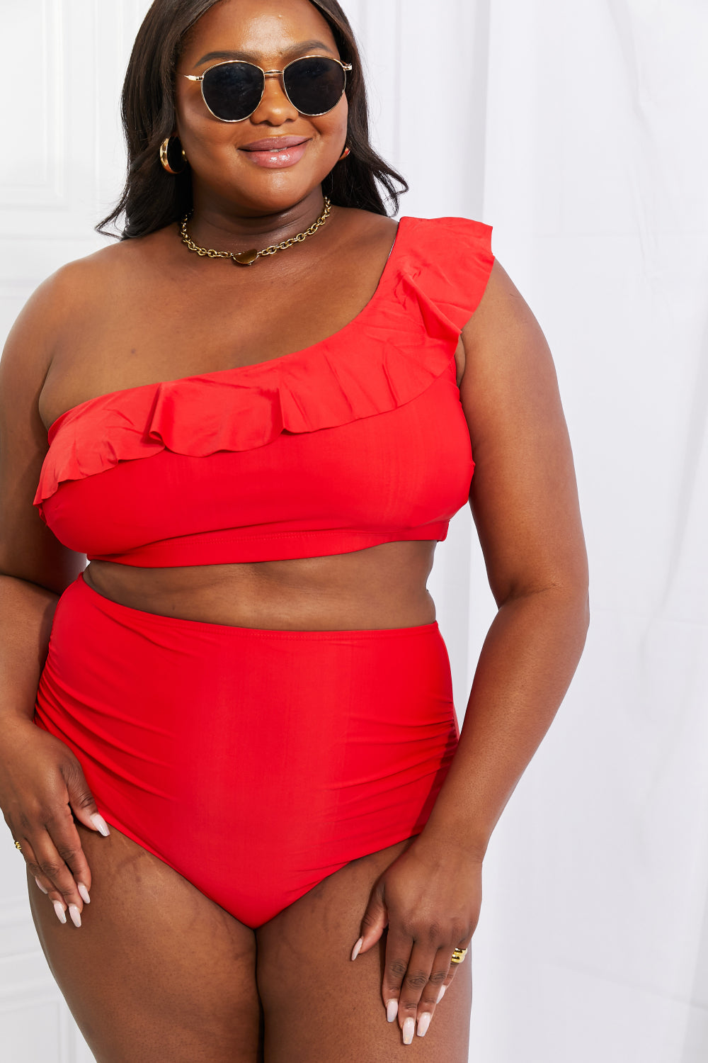 Marina West Swim Seaside Romance Ruffle One-Shoulder Bikini in Red (TB9D) T
