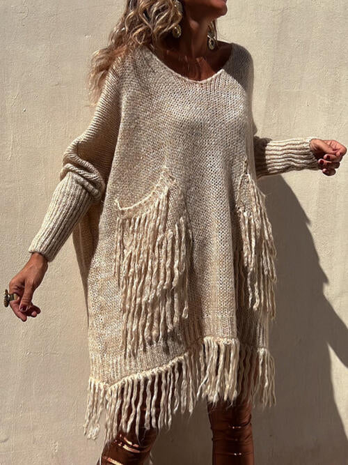 Fringe Detail Long Sleeve Sweater with Pockets - Deals DejaVu