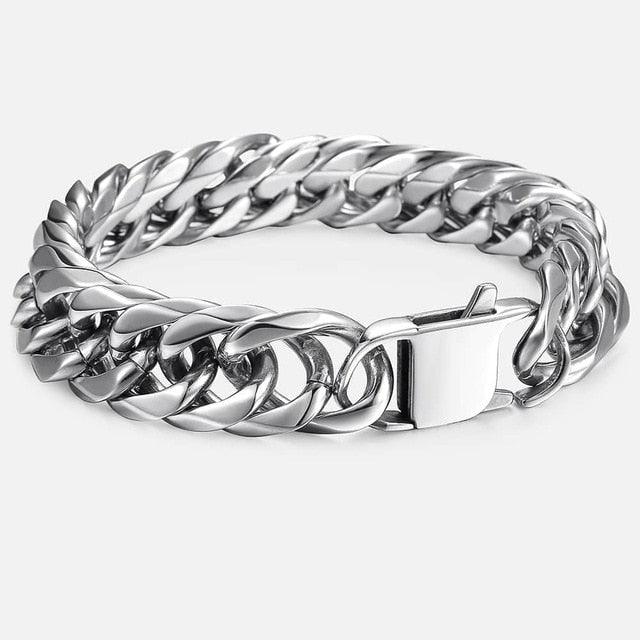 10/15mm Men's Bracelet - 316L Stainless Steel Heavy Silver Color Double Curb Cuban Link Chain (2U83)