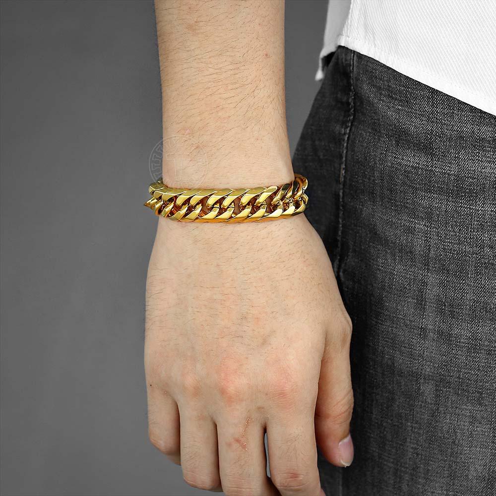 10/15mm Men's Bracelet - 316L Stainless Steel Heavy Silver Color Double Curb Cuban Link Chain (2U83)