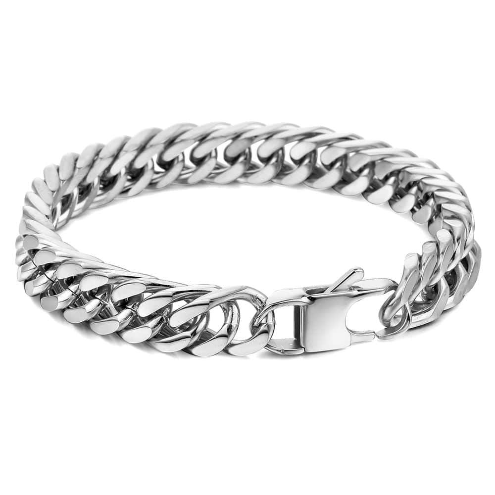 10/15mm Men's Bracelet - 316L Stainless Steel Heavy Silver Color Double Curb Cuban Link Chain (2U83)