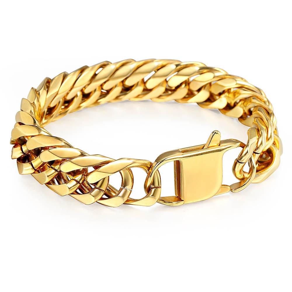 10/15mm Men's Bracelet - 316L Stainless Steel Heavy Silver Color Double Curb Cuban Link Chain (2U83)