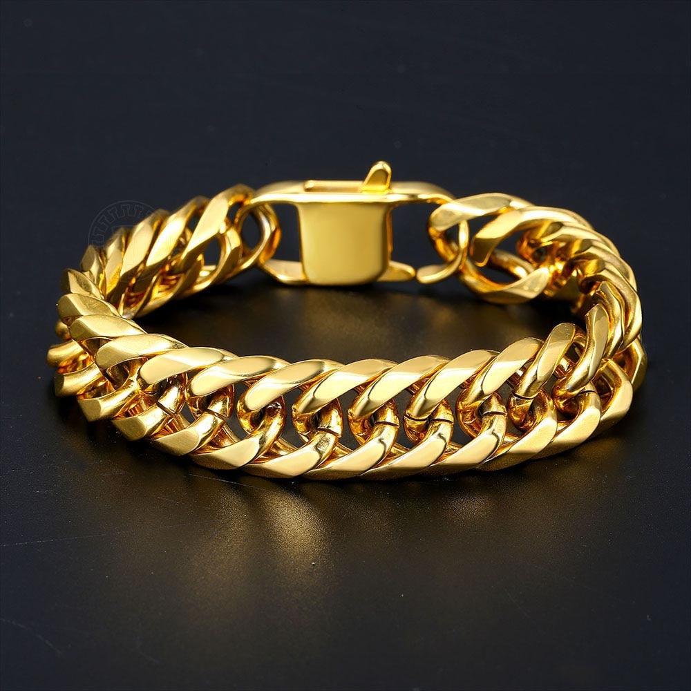 10/15mm Men's Bracelet - 316L Stainless Steel Heavy Silver Color Double Curb Cuban Link Chain (2U83)
