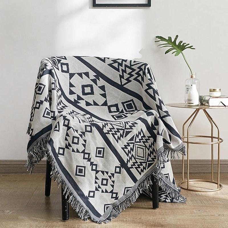 100% Cotton Blankets for Chair Sofa Bed 90x90cm Black Knitted Geometric Printed Towel Blankets (4BM)(1U63)