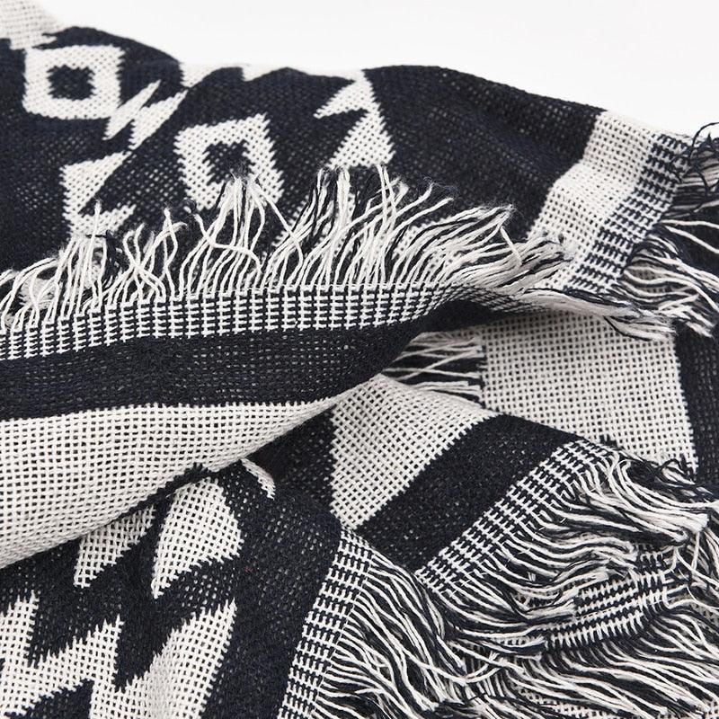 100% Cotton Blankets for Chair Sofa Bed 90x90cm Black Knitted Geometric Printed Towel Blankets (4BM)(1U63)