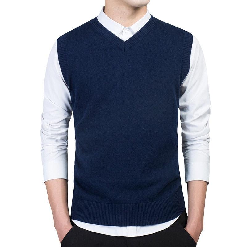 100% Cotton Sweater - Men's Autumn Warm Sweaters - Classic Pure Color V-Neck Sleeveless Vest (D8)(T3M)(T4G)