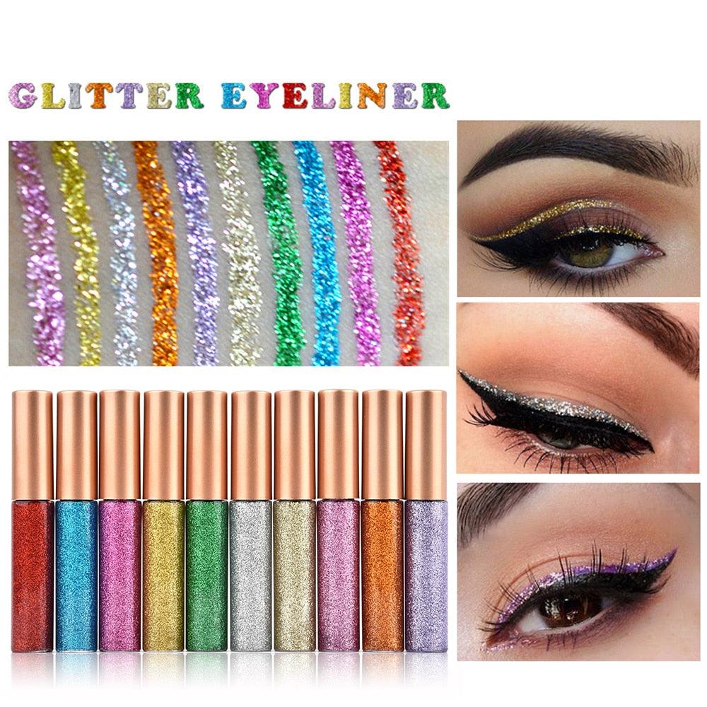 10pcs Waterproof Shimmer Pigment Glitter Eyeliner Colorful Eyeliners Silver Gold Metallic Liquid Glitters (M2)(M4)(1U86)