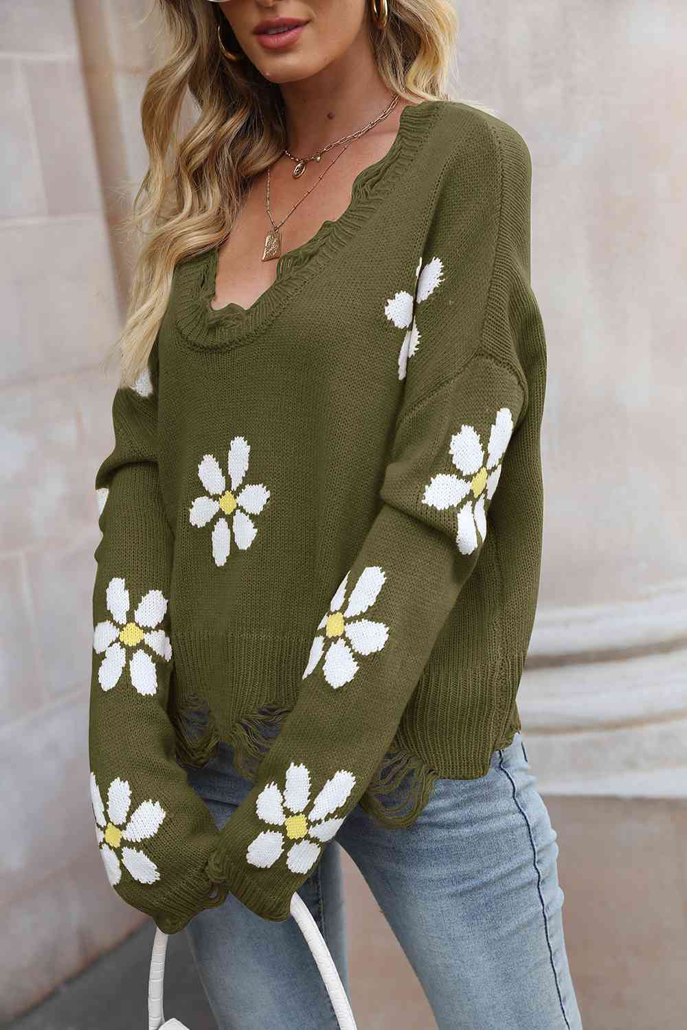 Flower Distressed Long Sleeve Sweater - Deals DejaVu