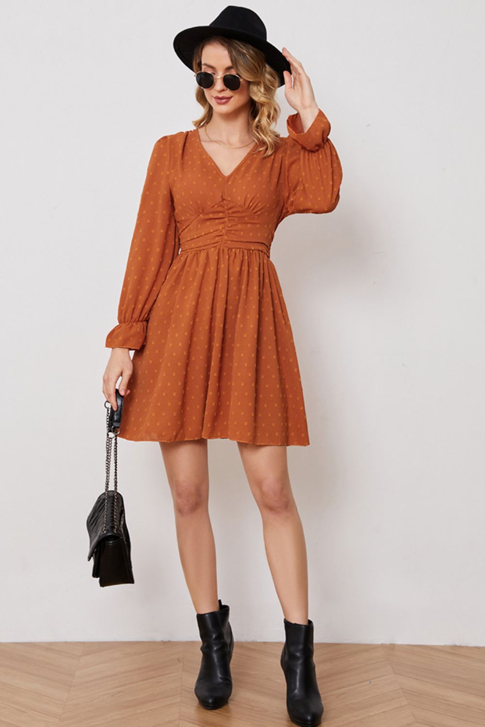 Swiss Dot Ruched V-Neck Flounce Sleeve Dress (BWD)(WS06)T
