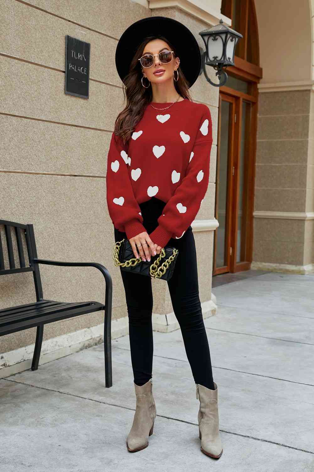 Woven Right Heart Pattern Lantern Sleeve Round Neck Tunic Sweater - Deals DejaVu