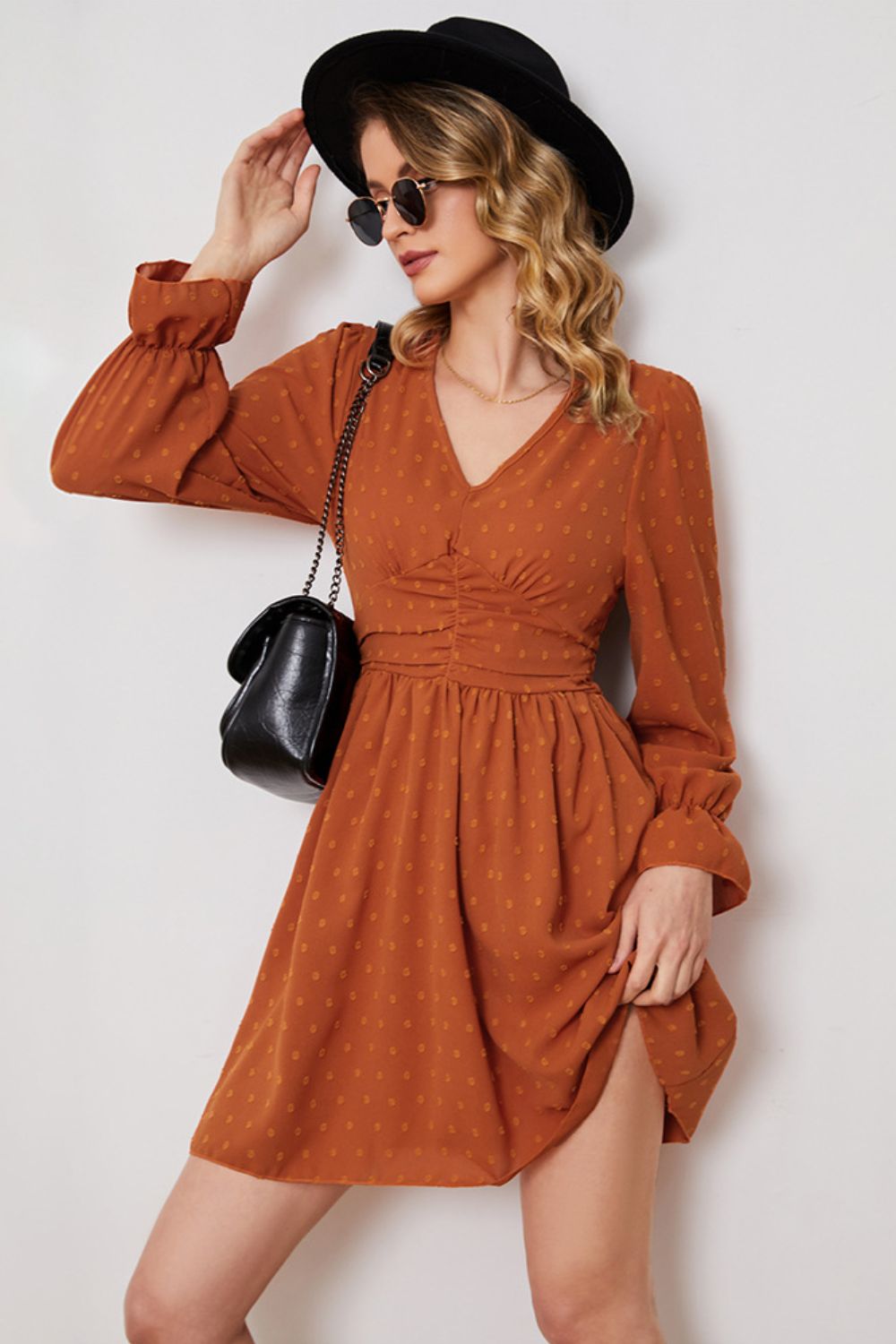 Swiss Dot Ruched V-Neck Flounce Sleeve Dress (BWD)(WS06)T