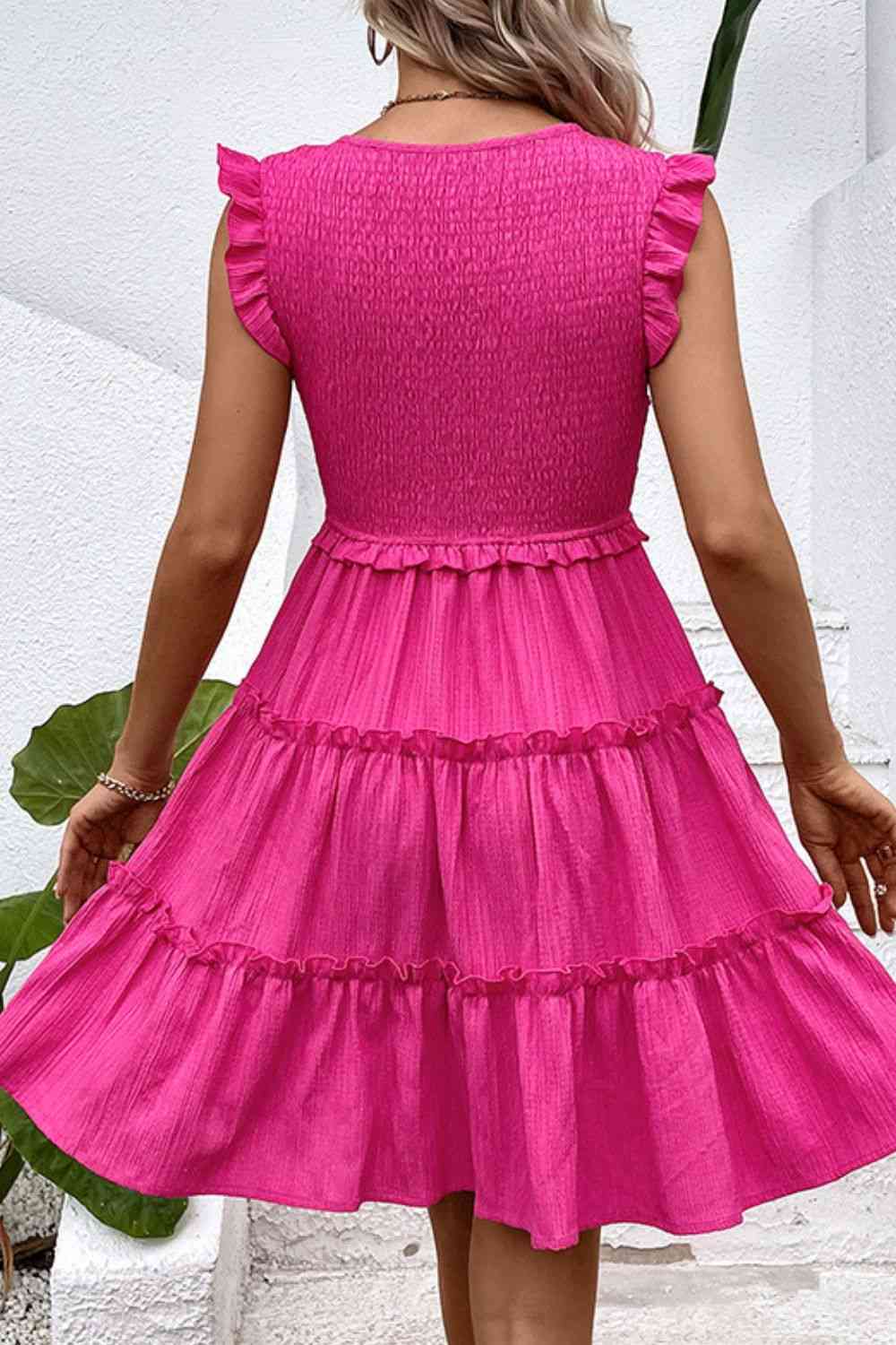 Smocked Frill Trim Deep V Dress (MWBT) T - Deals DejaVu