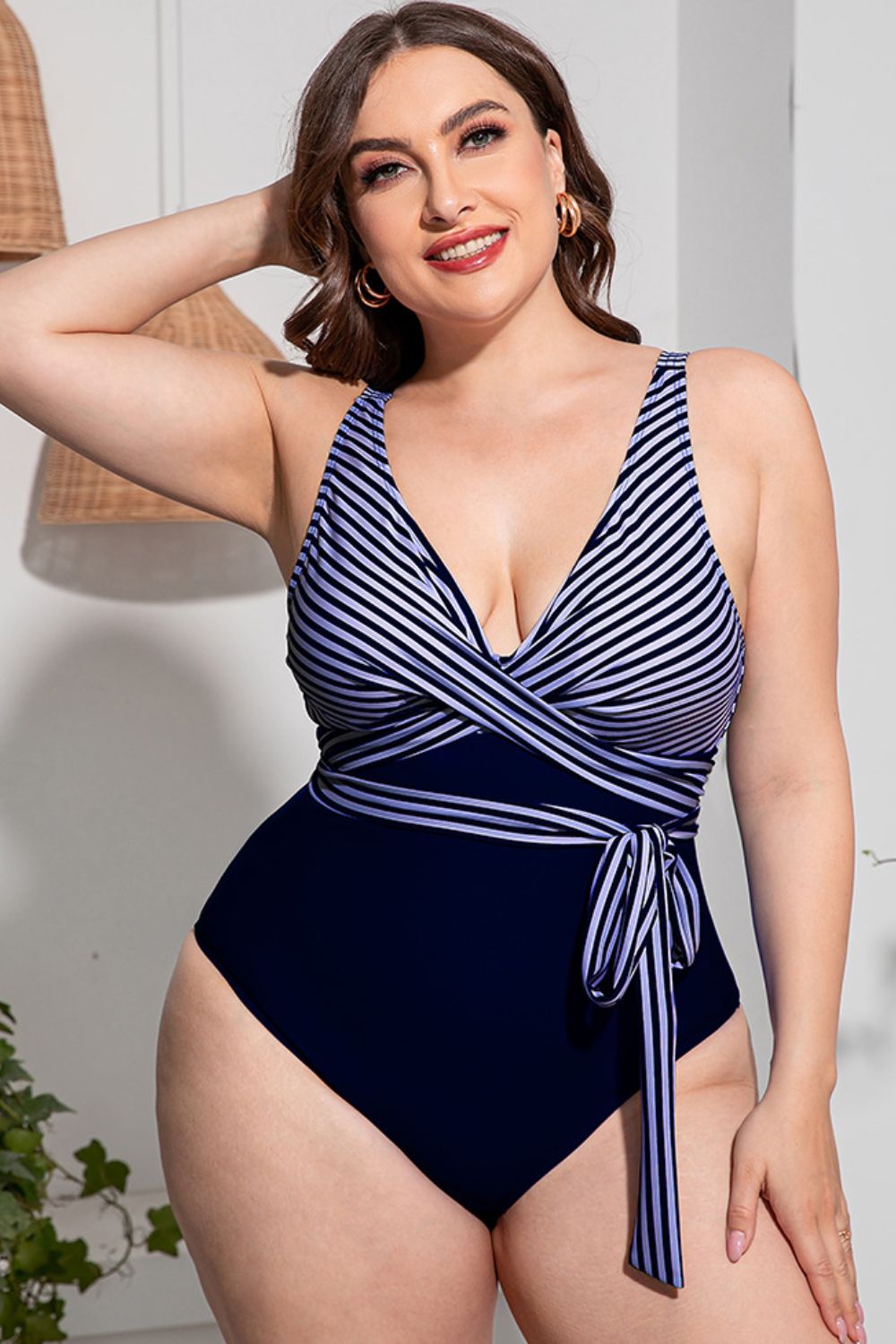Plus Size Striped Tie-Waist One-Piece Swimsuit (TB10D) T