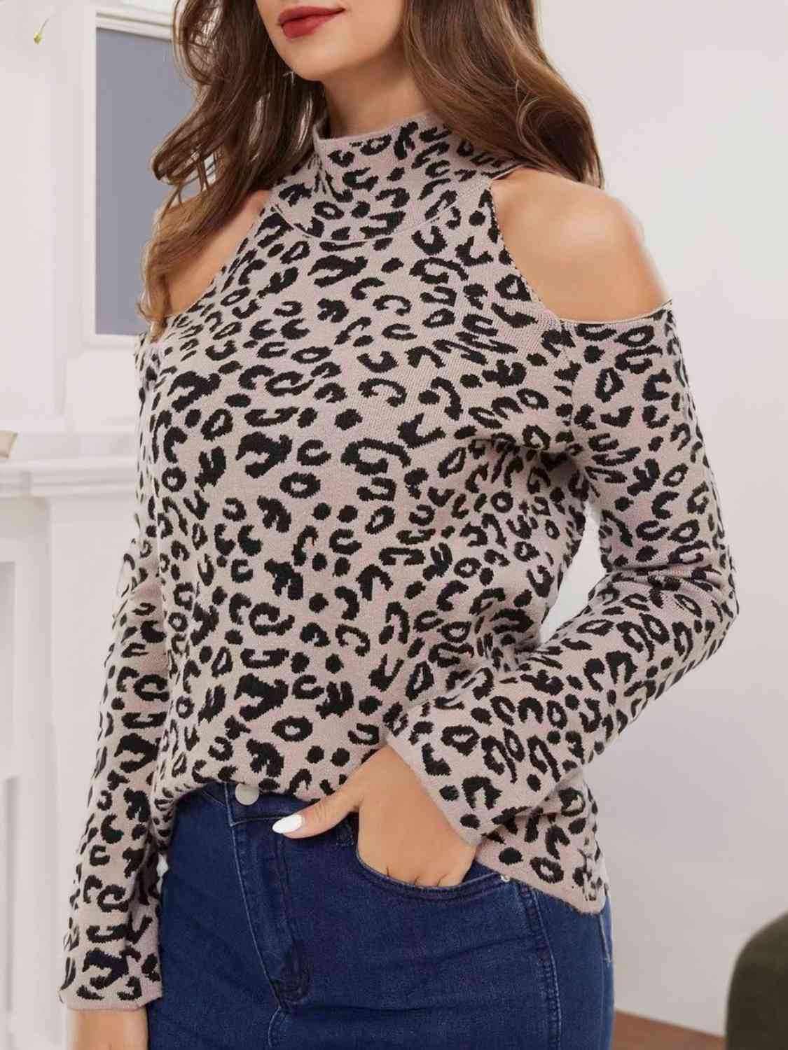 Leopard Cold-Shoulder Sweater - Deals DejaVu