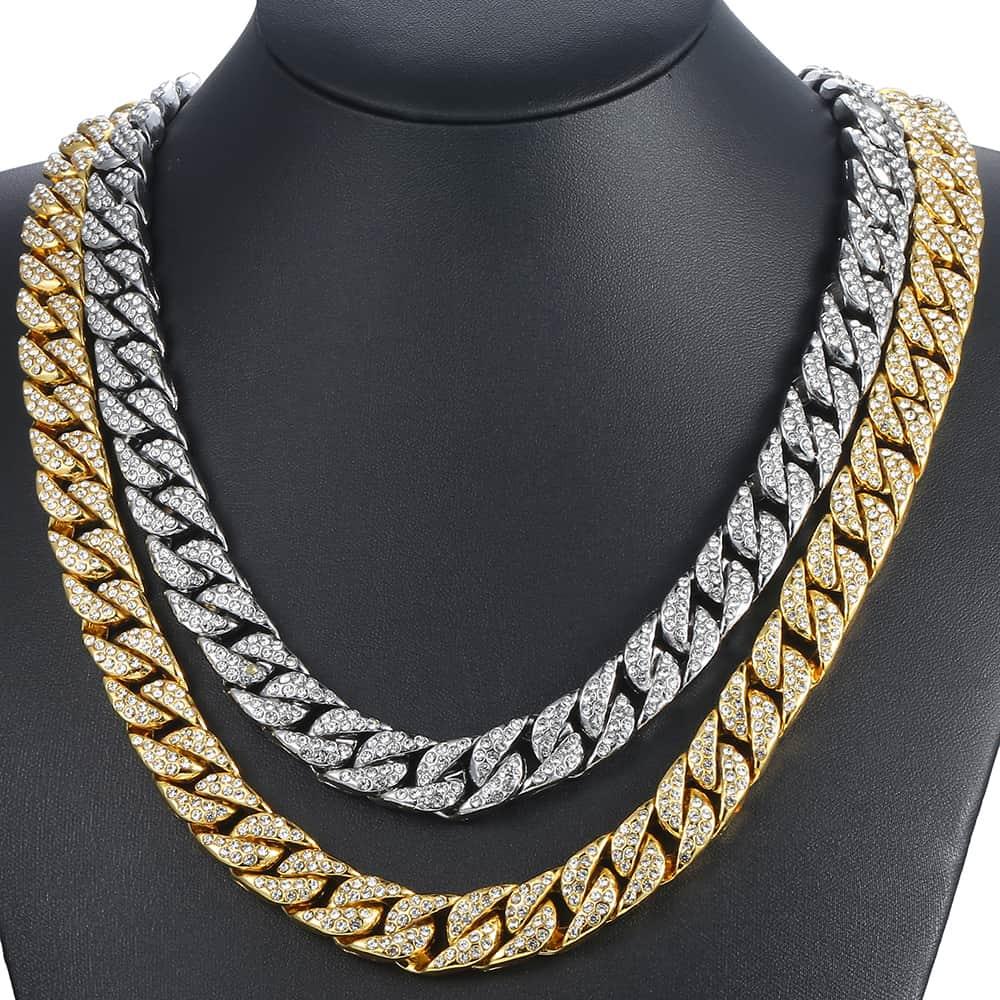 14mm Men's Necklace - Miami Curb Cuban Chain - Paved Rhinestones CZ Rapper Necklace (2U83)