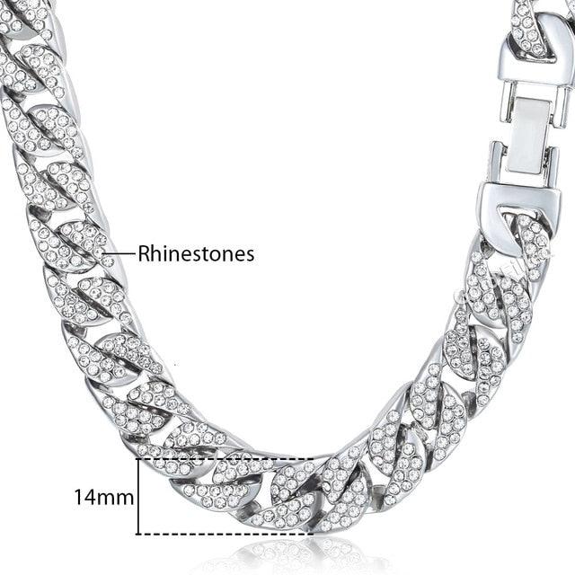 14mm Men's Necklace - Miami Curb Cuban Chain - Paved Rhinestones CZ Rapper Necklace (2U83)
