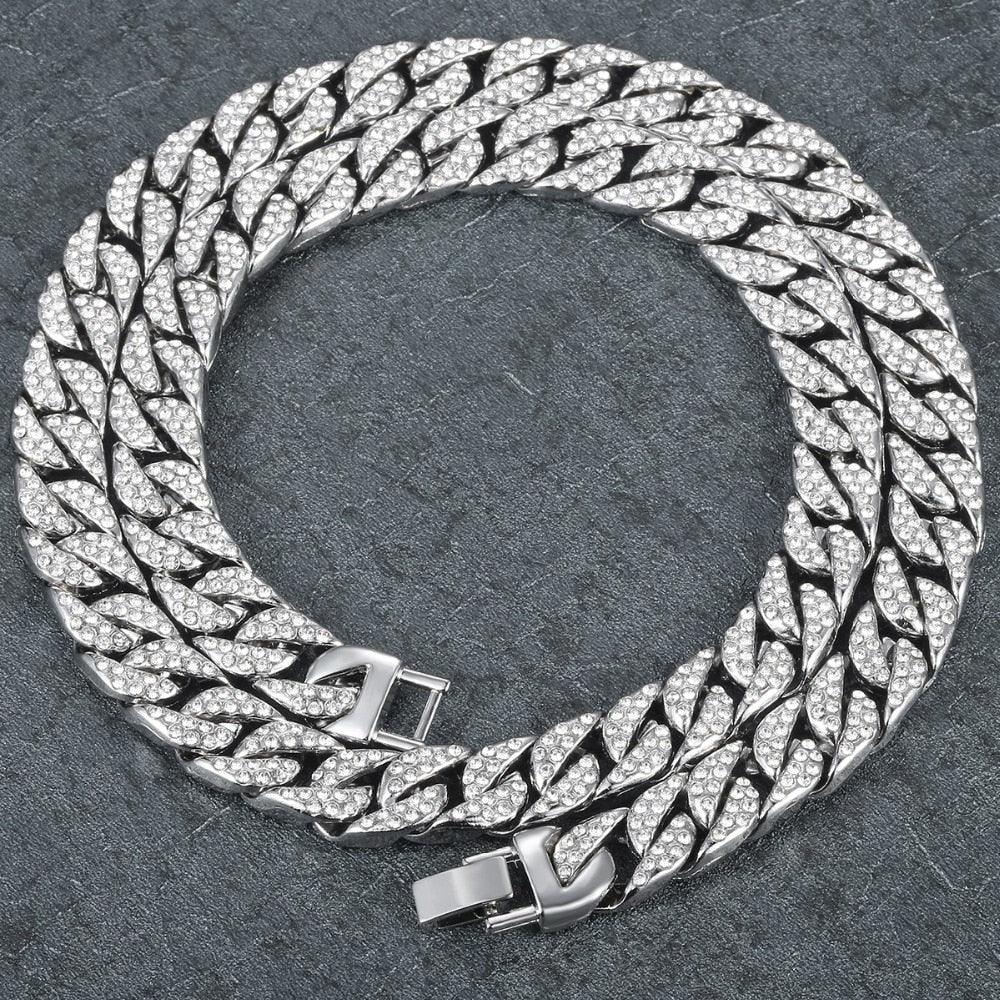 14mm Men's Necklace - Miami Curb Cuban Chain - Paved Rhinestones CZ Rapper Necklace (2U83)