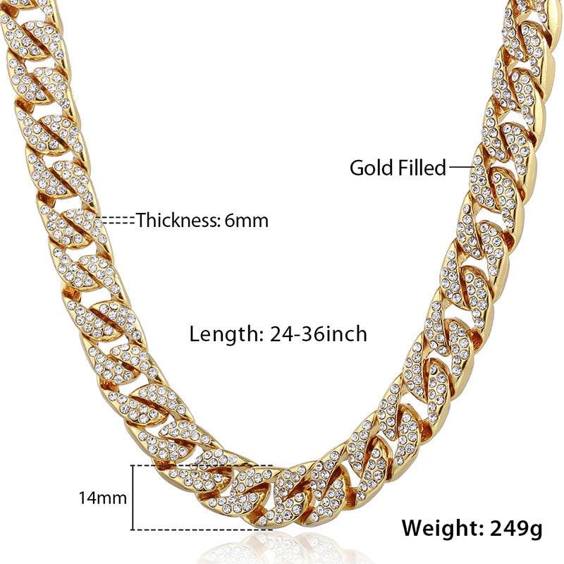 14mm Men's Necklace - Miami Curb Cuban Chain - Paved Rhinestones CZ Rapper Necklace (2U83)