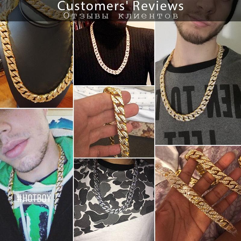 14mm Men's Necklace - Miami Curb Cuban Chain - Paved Rhinestones CZ Rapper Necklace (2U83)