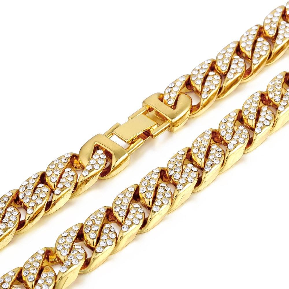 14mm Men's Necklace - Miami Curb Cuban Chain - Paved Rhinestones CZ Rapper Necklace (2U83)