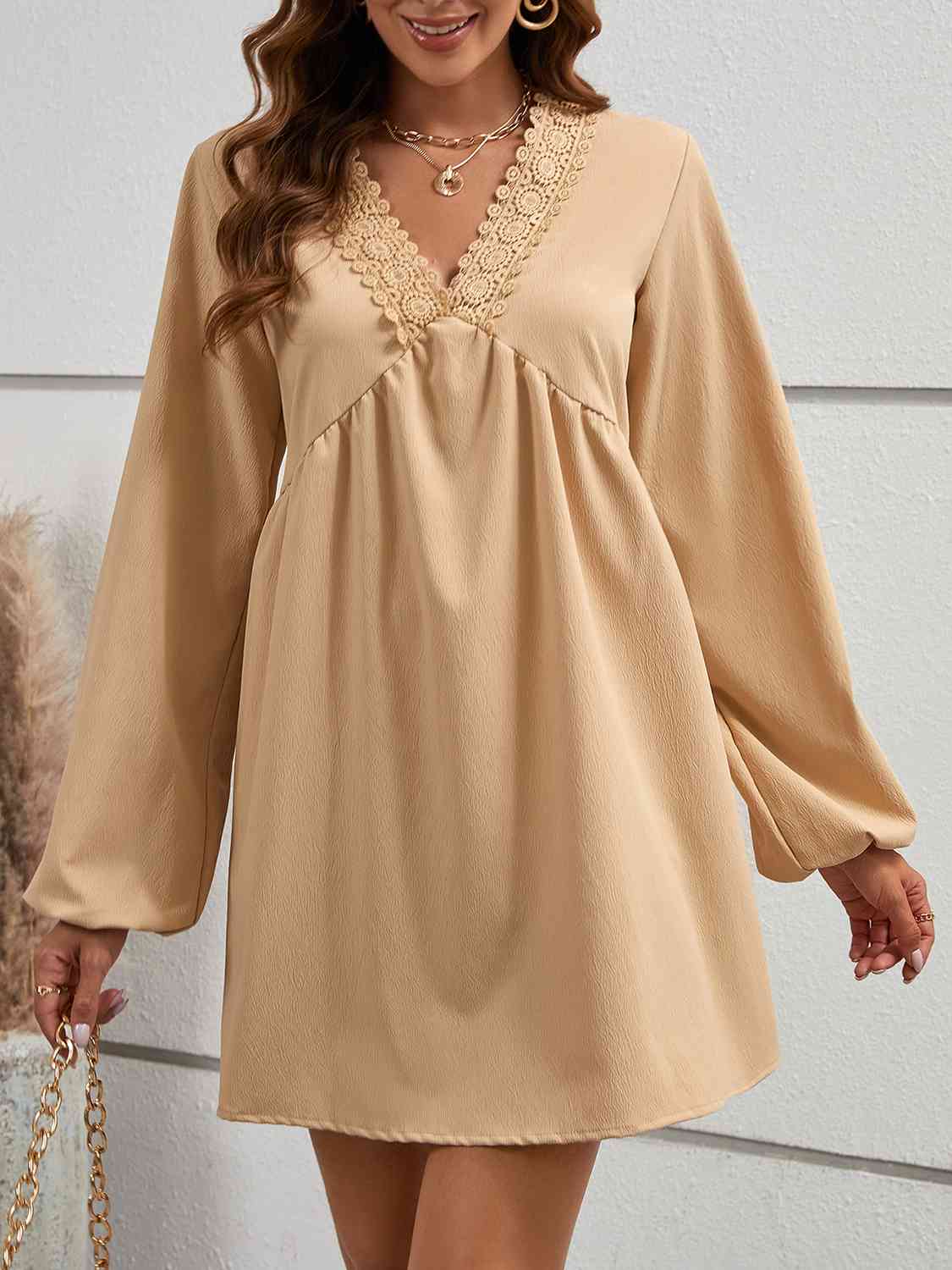 V-Neck Lace Detail Mini Dress (MWBT) T - Deals DejaVu