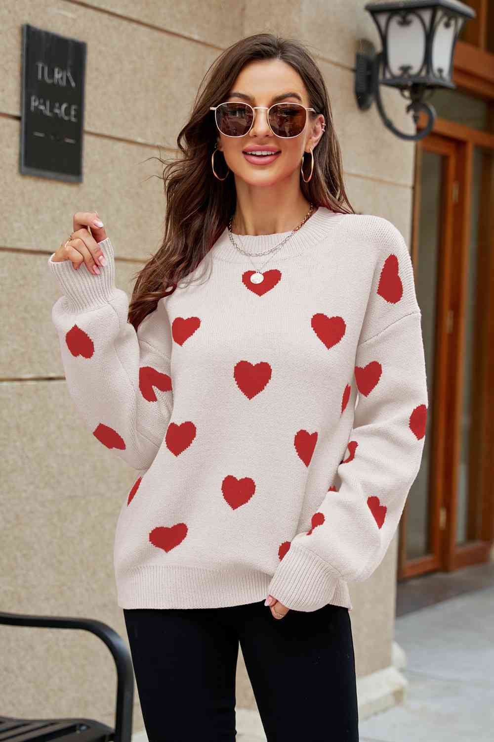 Woven Right Heart Pattern Lantern Sleeve Round Neck Tunic Sweater - Deals DejaVu