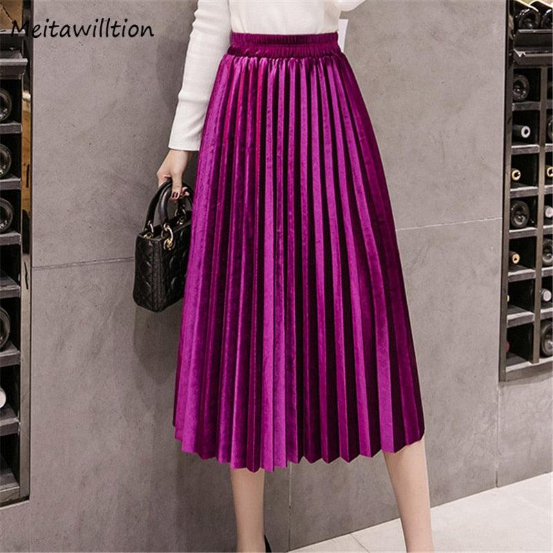 17 Amazing Colors of Autumn Winter Velvet Women Skirts - Ladies Long - Plus Size Maxi Skirts - Female Waist A Line Pleated Skirts (2U22)(2U20)