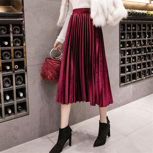 17 Amazing Colors of Autumn Winter Velvet Women Skirts - Ladies Long - Plus Size Maxi Skirts - Female Waist A Line Pleated Skirts (2U22)(2U20)