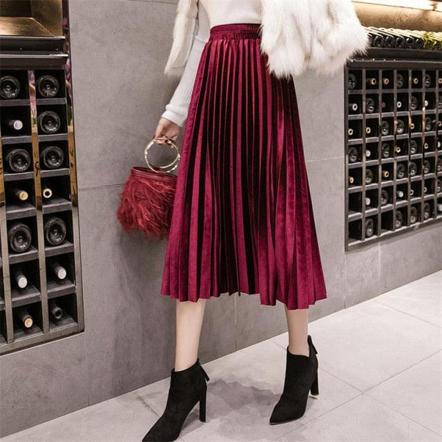 17 Amazing Colors of Autumn Winter Velvet Women Skirts - Ladies Long - Plus Size Maxi Skirts - Female Waist A Line Pleated Skirts (2U22)(2U20)