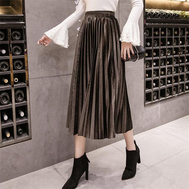 17 Amazing Colors of Autumn Winter Velvet Women Skirts - Ladies Long - Plus Size Maxi Skirts - Female Waist A Line Pleated Skirts (2U22)(2U20)
