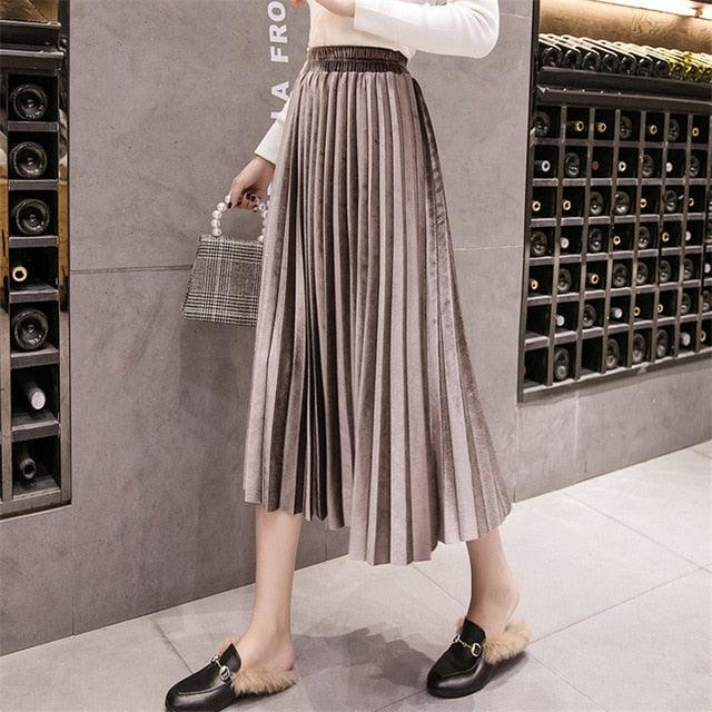 17 Amazing Colors of Autumn Winter Velvet Women Skirts - Ladies Long - Plus Size Maxi Skirts - Female Waist A Line Pleated Skirts (2U22)(2U20)