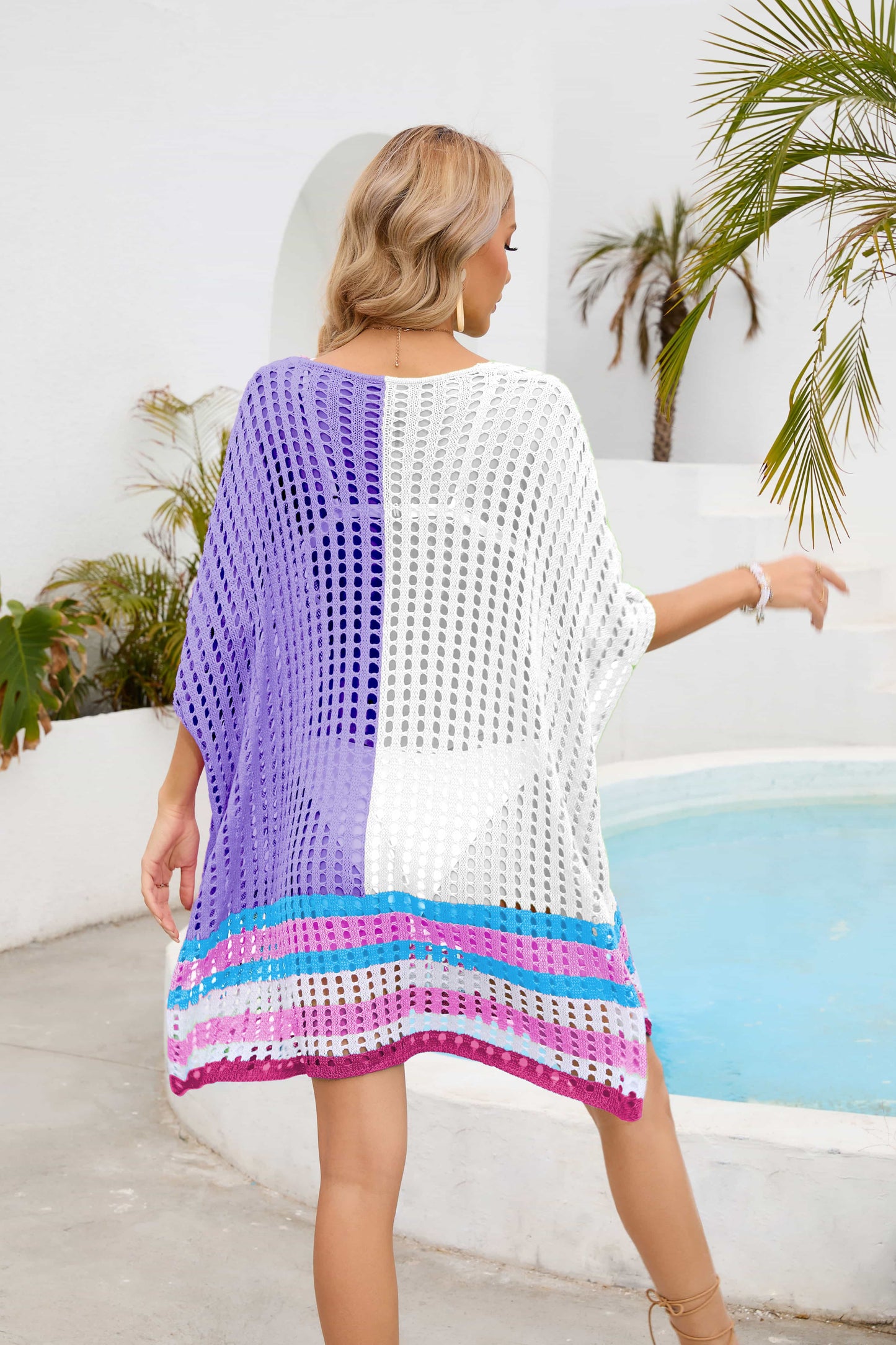 Contrast Scoop Neck Openwork Half Sleeve Cover Up (TB11D) T
