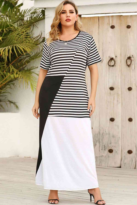 Plus Size Striped Color Block Round Neck Dress (BWMT) T - Deals DejaVu