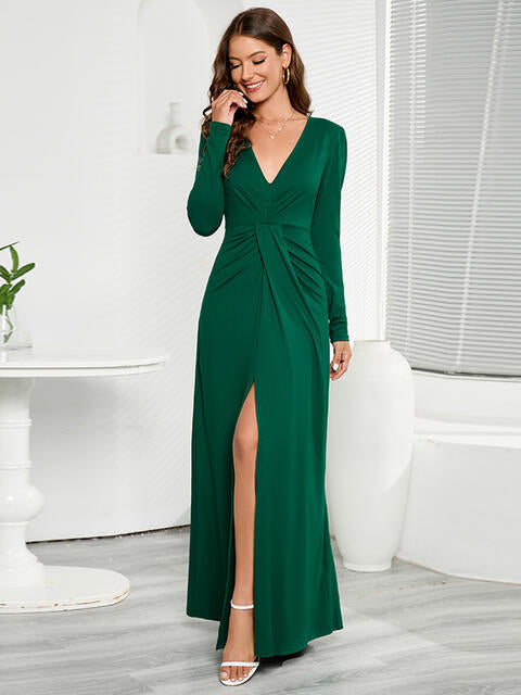 V-Neck Long Sleeve Split Dress (BWM) T - Deals DejaVu