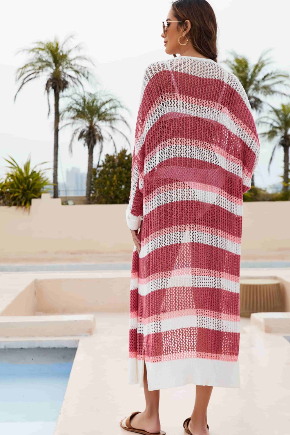 Striped Open Front Side Slit Duster Cover Up (TB11D) T