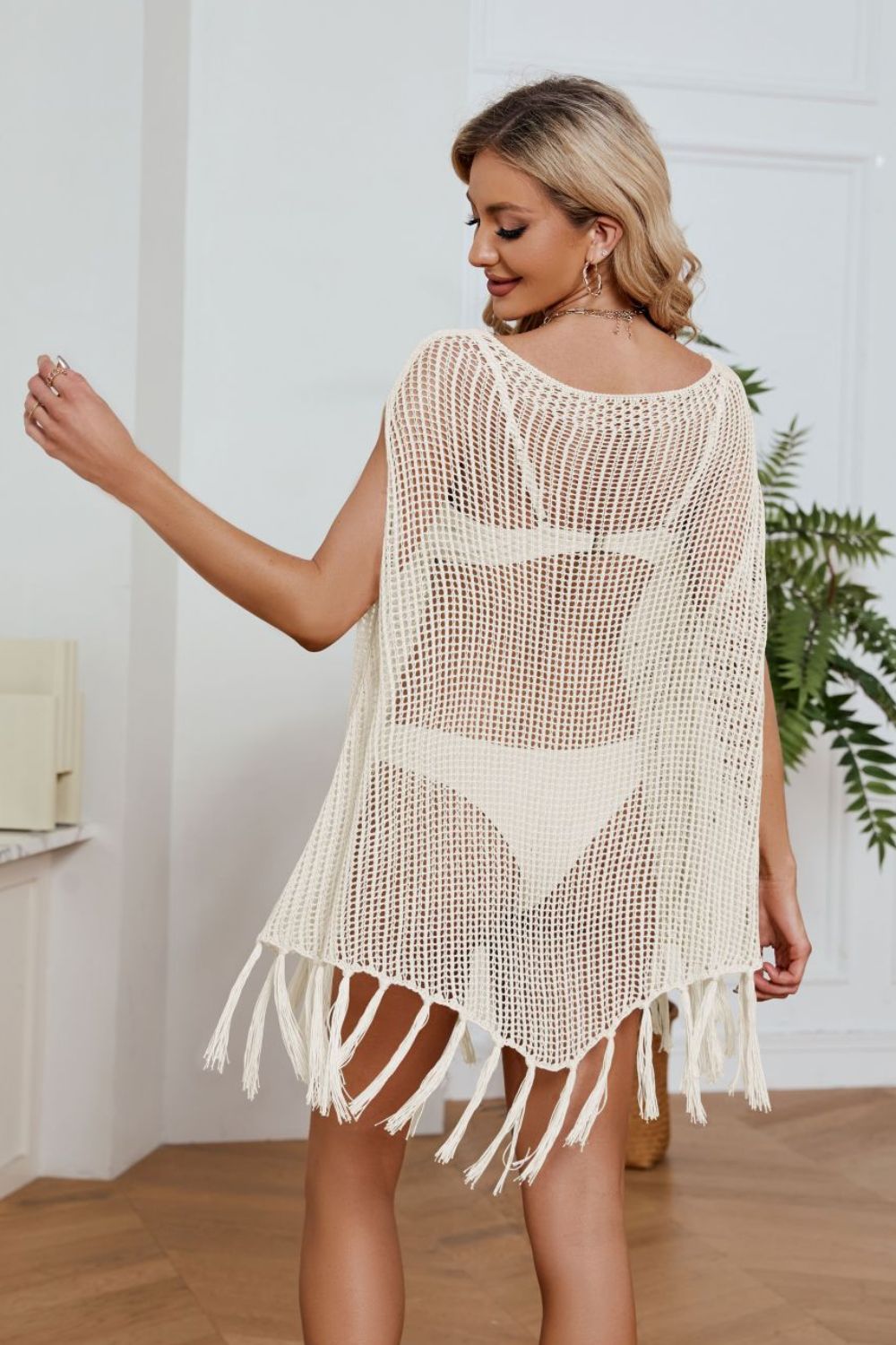 Fringe Trim Openwork Cover-Up Dress (TB11D) T