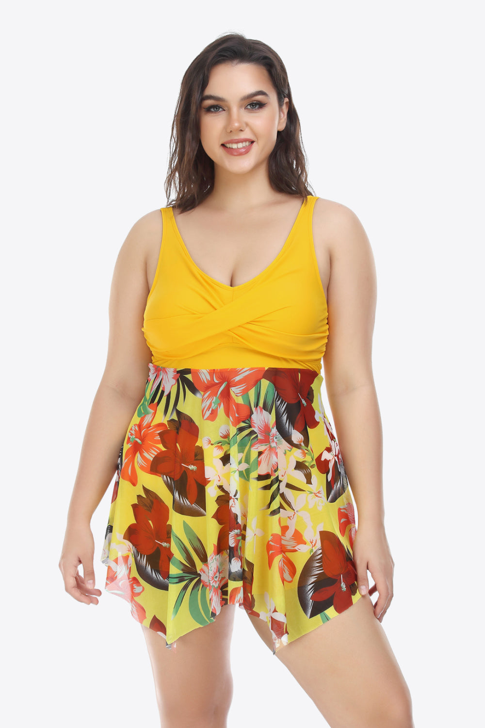 Plus Size Floral Two-Tone Asymmetrical Hem Two-Piece Swimsuit (TB13D) T