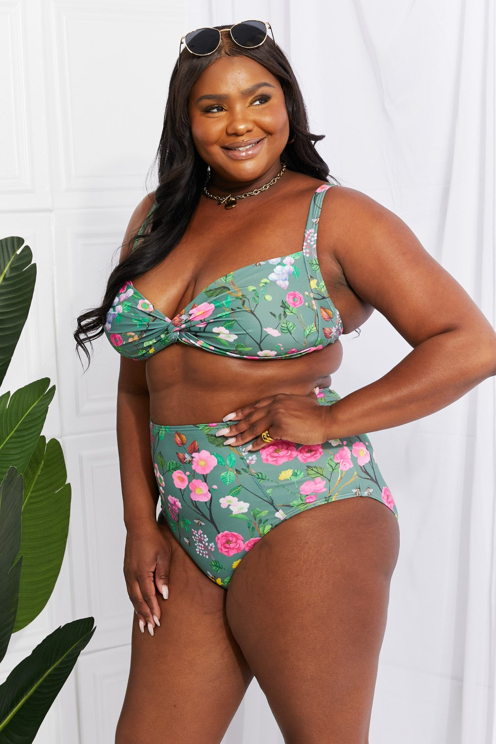 Marina West Swim Take A Dip Twist High-Rise Bikini in Sage (TB9D) T