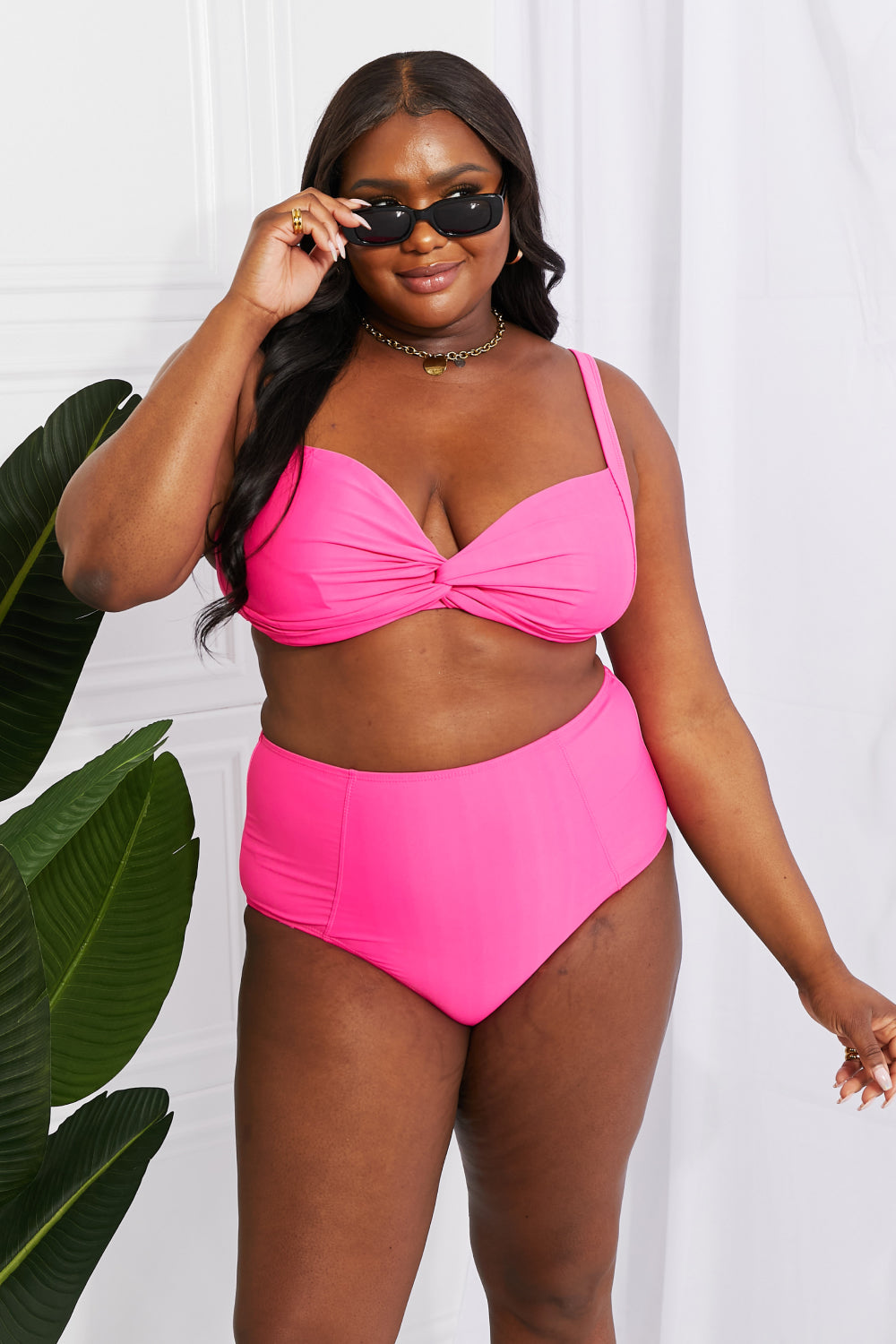 Marina West Swim Take A Dip Twist High-Rise Bikini in Pink (TB9D) T