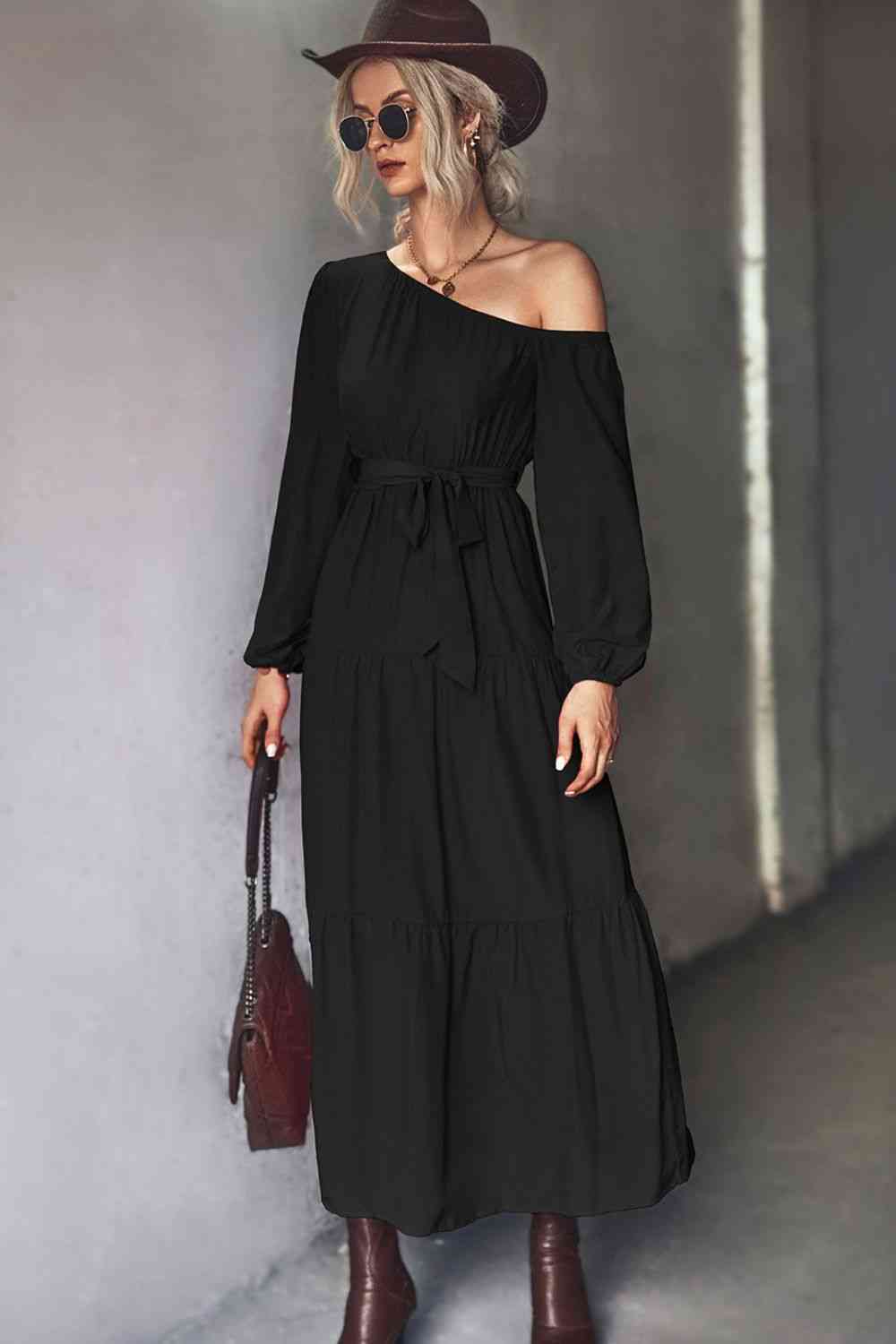 Belted One-Shoulder Tiered Maxi Dress (BWMT) T - Deals DejaVu